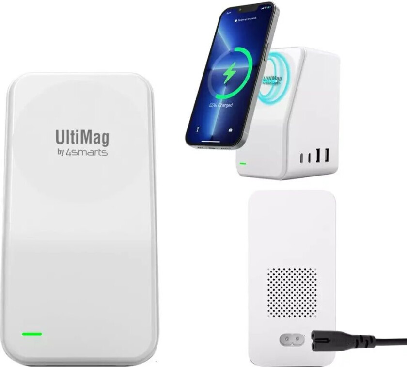 UltiMag DeskTower 5-i-1 Ladestasjon 78W 2 x USB-C / 2x USB-A m. Trådløs Lader (15W) - Hvit