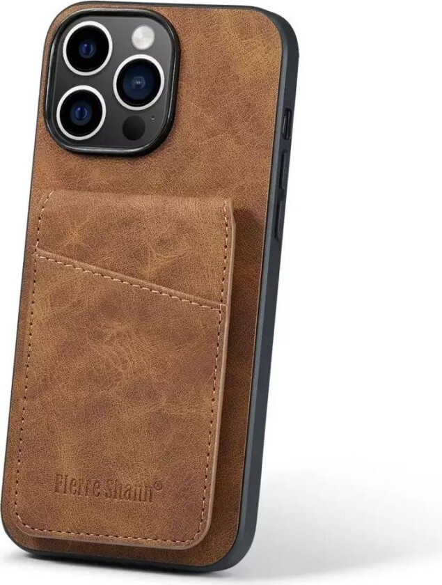 iPhone 14 Pro Skinndekket Plast Deksel med Kortholdere og Stativfunksjon - Brun