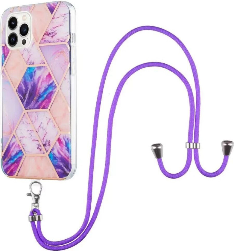 iPhone 14 Pro Max Fleksibelt Plastdeksel m. Stropp - Marmor - Lyselilla