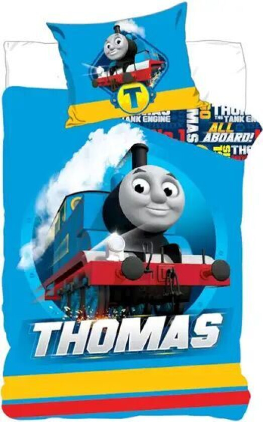 Junior sengetøy med tog - 100x140 cm - Thomas Tog sengesett junior - 2 i 1 design - 100% bomull