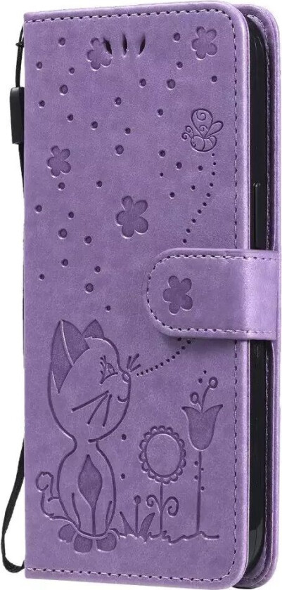 iPhone 15 Flip Deksel i Skinn med Lommebok og Stropp - Kattegravering - Lilla