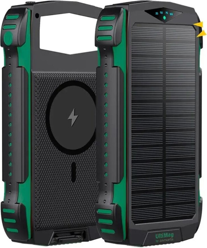 4smarts Titanpack UltiMag 20W Powerbank 20.000 mAh m. Solcelle - USB-C & 2 x USB-A - MagSafe-Kompatibel - Svart / Grønn