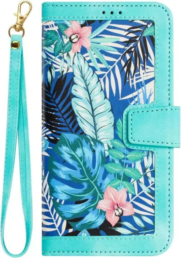 iPhone 15 Plus Leather Flip Cover med Lommebok og Stropp - Grønn m. Blomster