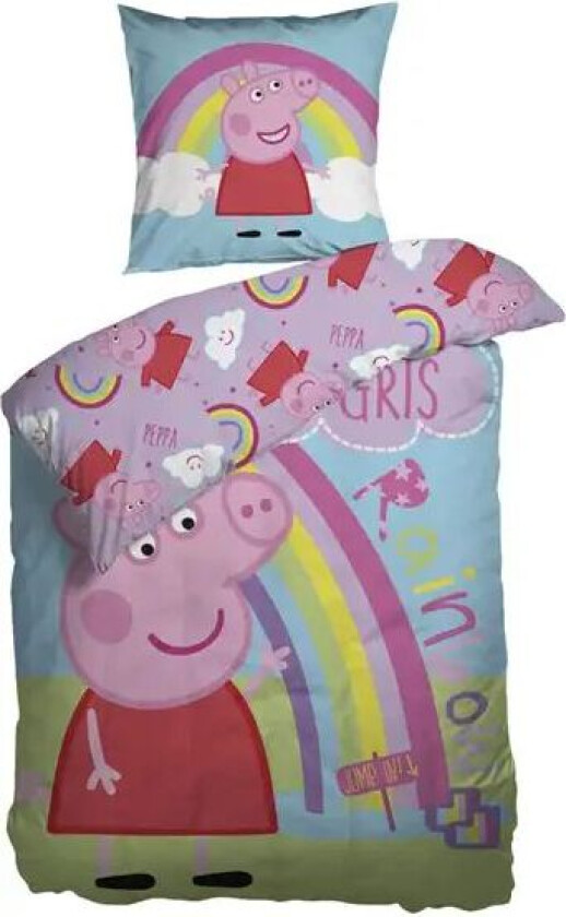 Økologisk sengetøy - 140x200 cm - Sengesett med Gurli gris og regnbuen - 100% økologisk bomull