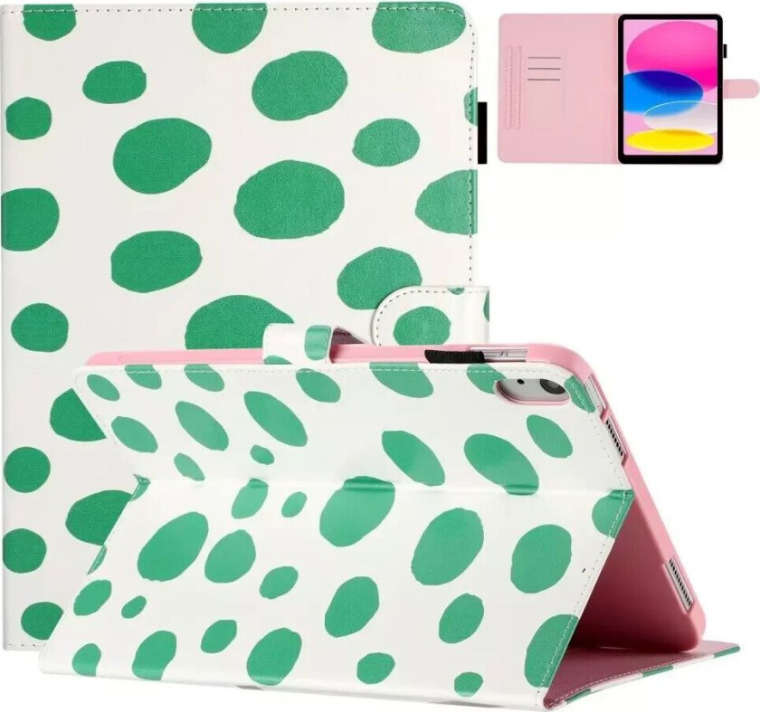 iPad 10.9" (2022) Kunstskinn Flip Deksel m. Fargede Prikker - Hvit / Grønn