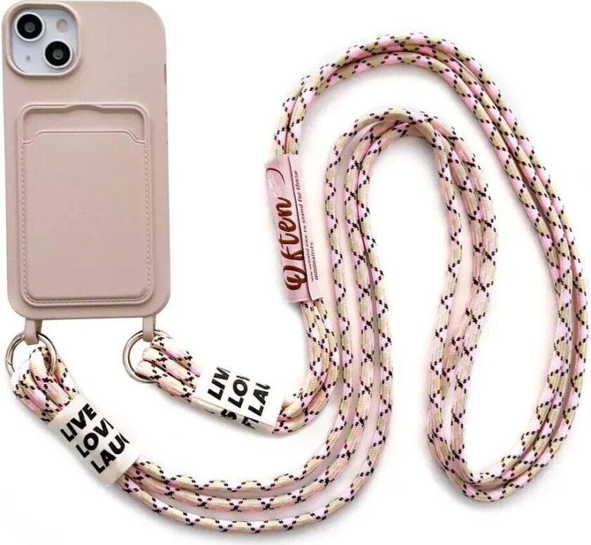 iPhone 14 Fleksibelt Plastdeksel med Kortholder og Stropp - Rosa