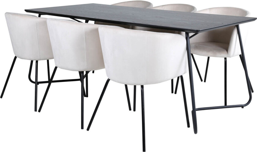 PippiBL spisegruppe spisebord svart og 6 Berit spisestuestoler velour beige.