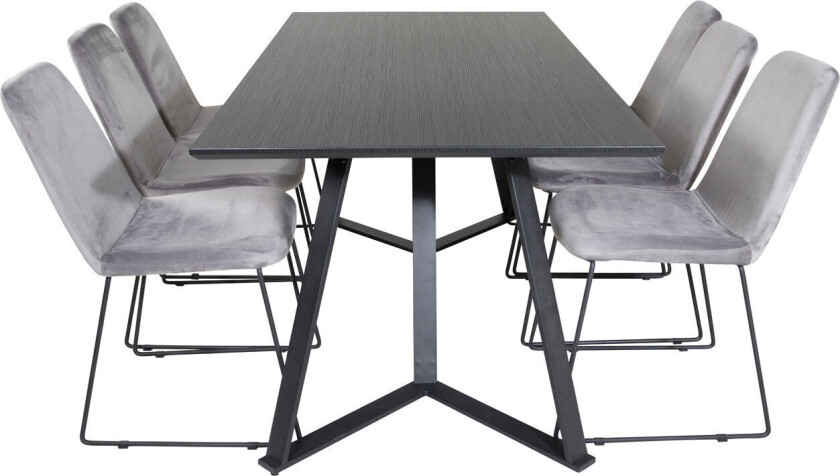MarinaBLBL spisegruppe spisebord svart og 6 Muce spisestuestoler velour grå.