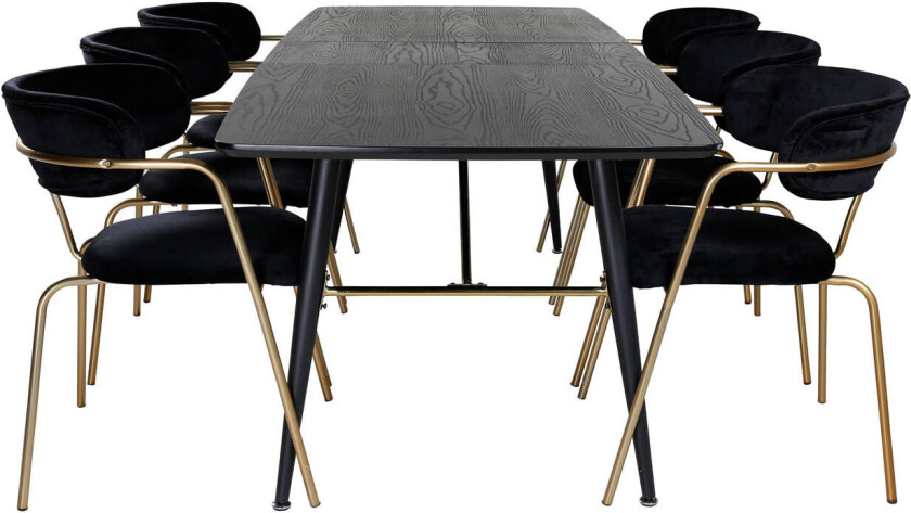 Gold spisegruppe spisebord uttrekksbord lengde cm 180 / 220 svart og 6 Arrow spisestuestoler velour svart.