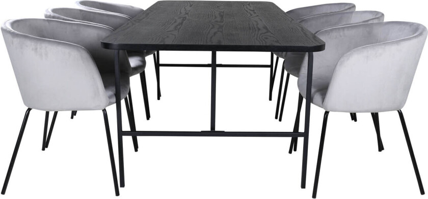 UnoBL spisegruppe spisebord svart og 6 Berit spisestuestoler velour grå.