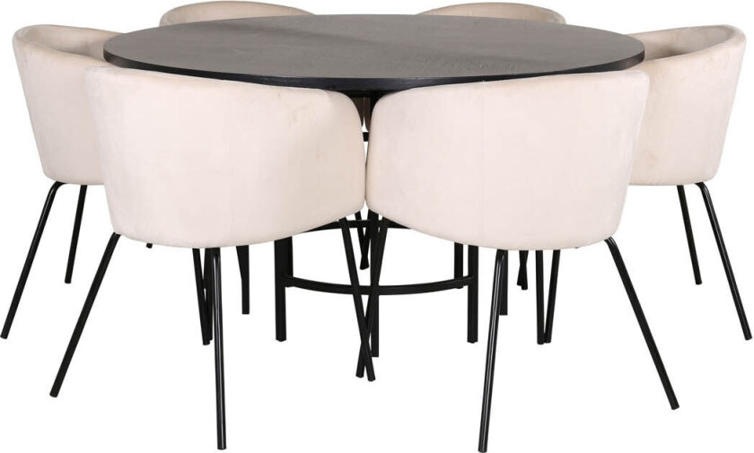 Copenhagen spisegruppe spisebord brun og 6 Berit spisestuestoler velour beige.
