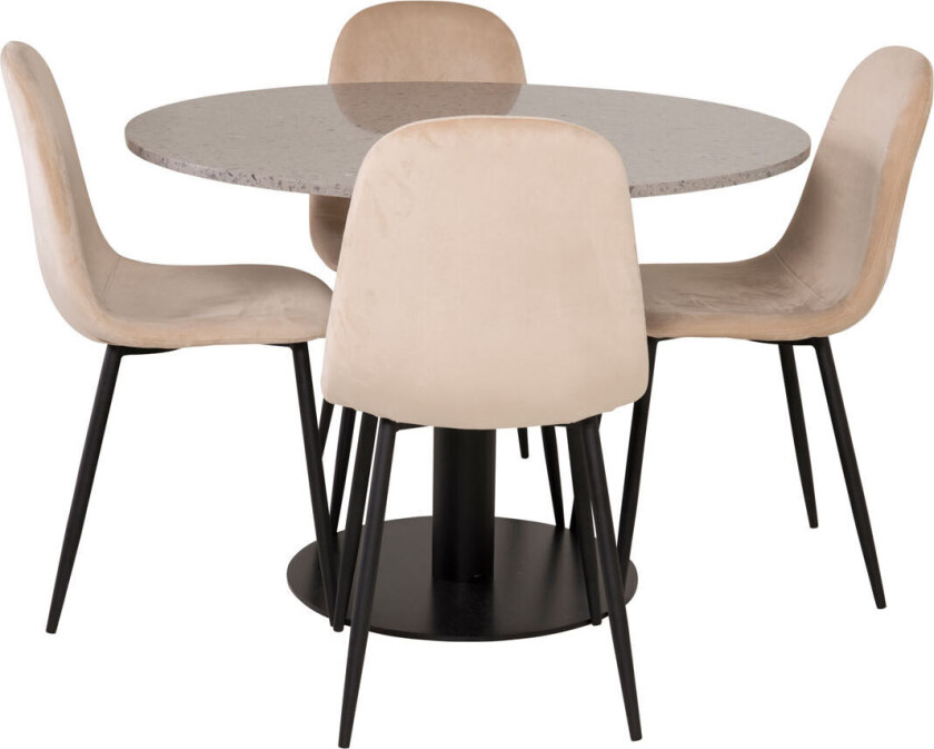 RazziaGR spisegruppe spisebord terazzo grå og 4 Polar spisestuestoler velour beige.