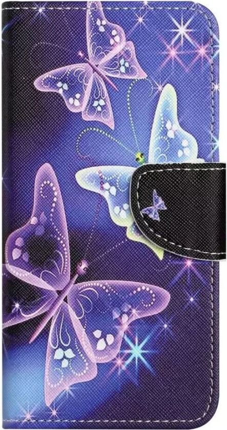 Samsung Galaxy A24 Flip Deksel i Skinn med Lommebok og Trykk - Lilla sommerfugler