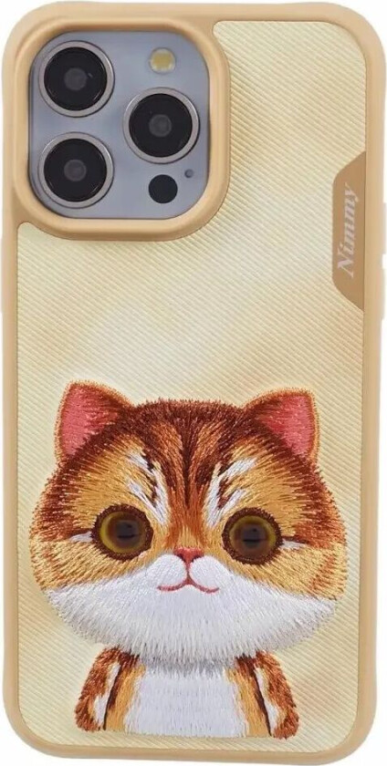 iPhone 15 Pro Hybrid Deksel m. Dyremotiv & Broderi - Oransje Katt