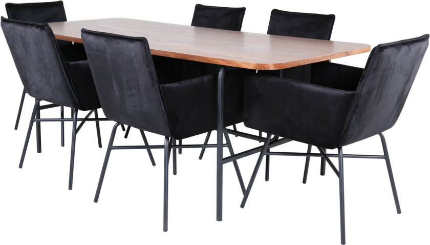 UnoWA spisegruppe spisebord valnøtt dekor og 6 Pippi spisestuestoler velour svart.