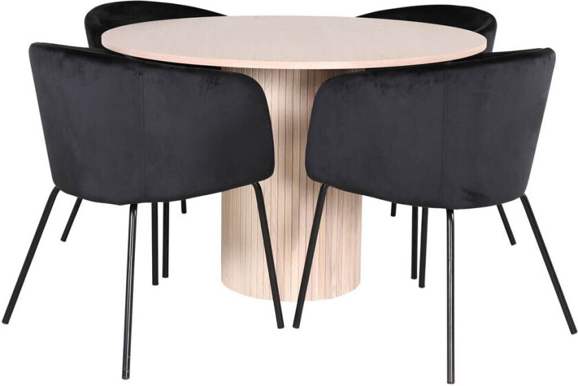 BiancaROWW spisegruppe spisebord eik finer hvit washed og 4 Berit spisestuestoler velour svart.