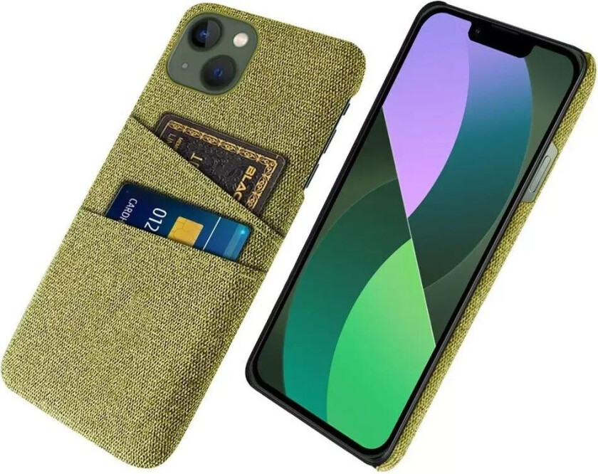 iPhone 14 Plus Stoffdekket Plast Bak Deksel med Kortholder - Lysegrønn