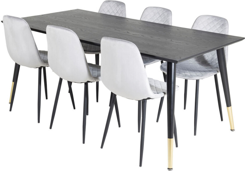 Dipp180x90BLBR spisegruppe spisebord svart og 6 Polar Diamond spisestuestoler velour grå.