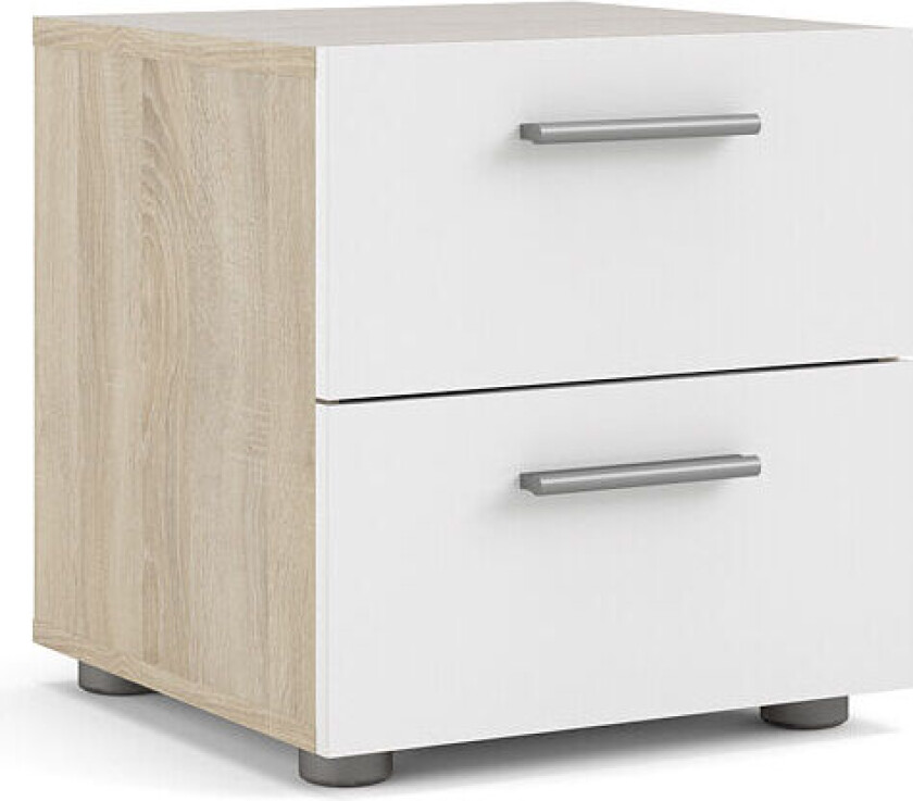 Petra nattbord med 2 skuffer, eik dekor,hvit høyglans.