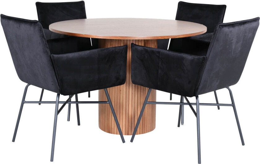 BiancaROWA spisegruppe spisebord eik finer og 4 Pippi spisestuestoler velour svart.