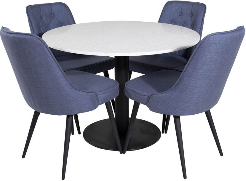RazziaWH spisegruppe spisebord terazzo hvit og 4 Velvet Deluxe spisestuestoler blå, svart.