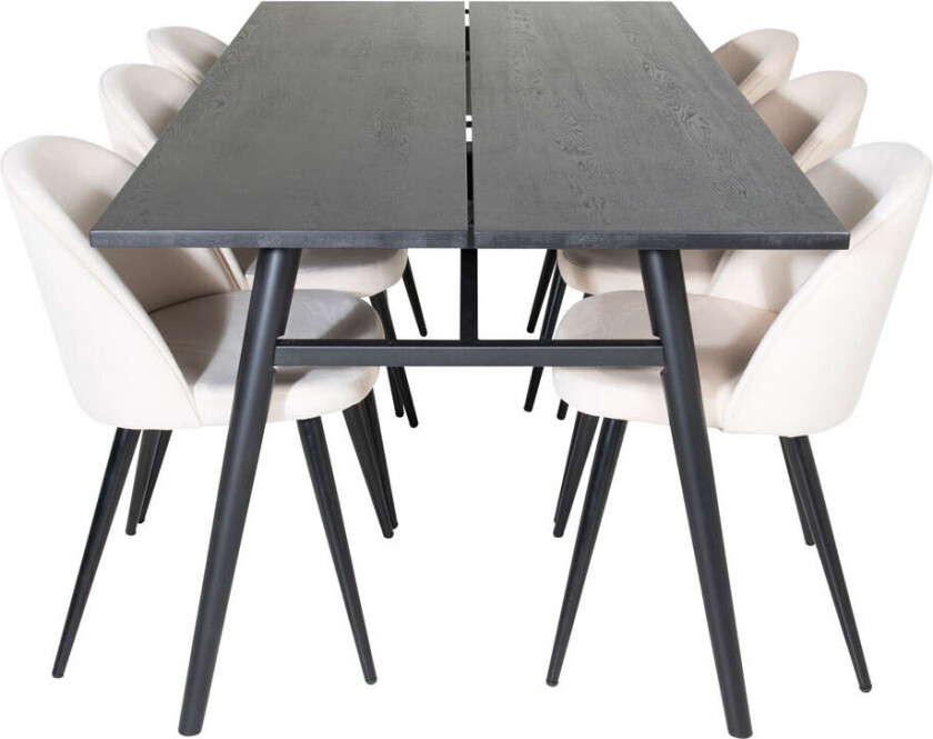 Sleek spisegruppe spisebord uttrekksbord lengde cm 195 / 280 svart og 6 Velvet spisestuestoler velour beige, svart.