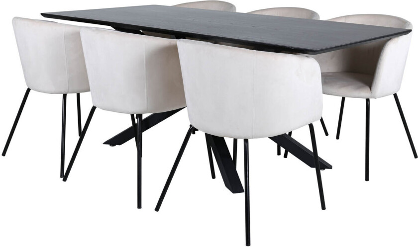 PiazzaBLBL spisegruppe spisebord svart og 6 Berit spisestuestoler velour beige.