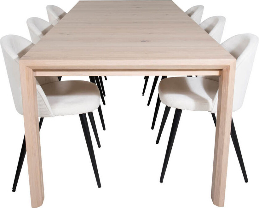 SliderWW spisegruppe spisebord uttrekksbord lengde cm 170 / 250 eik hvit washeded og 6 Velvet spisestuestoler fløyel beige, svart.