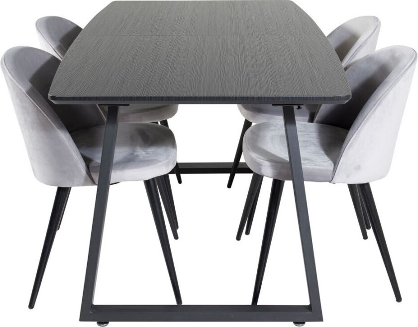 IncaBLBL spisegruppe spisebord uttrekksbord lengde cm 160 / 200 svart og 4 Velvet spisestuestoler velour lysegrå.