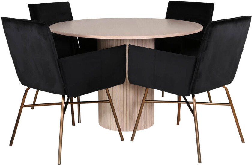 BiancaROWW spisegruppe spisebord eik finer hvit washed og 4 Pippi spisestuestoler velour svart.