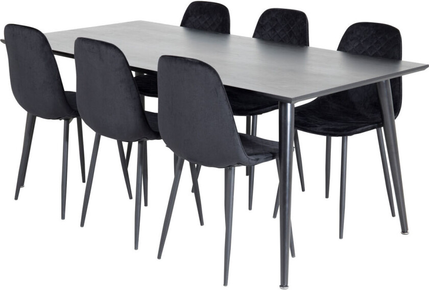 Dipp180x90BLBL spisegruppe spisebord svart og 6 Polar Diamond spisestuestoler velour svart.