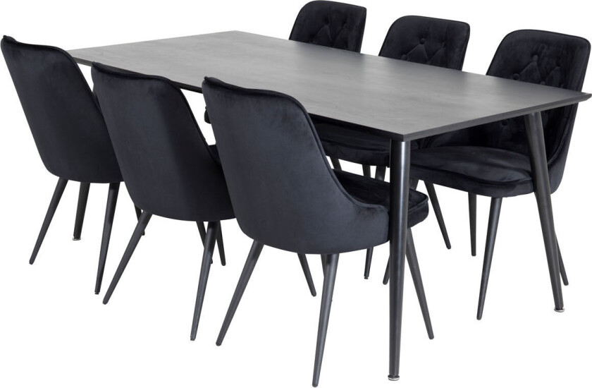 Dipp180x90BLBL spisegruppe spisebord svart og 6 Velvet Deluxe spisestuestoler velour svart.