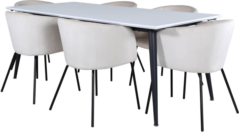 Jimmy195 spisegruppe spisebord uttrekksbord lengde cm 195 / 285 hvit og 6 Berit spisestuestoler velour beige.