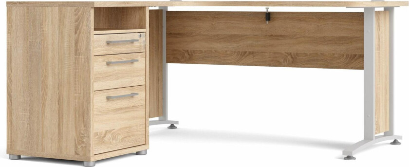 Prisme skrivebord 3 skuffer eik struktur dekor og hvit.