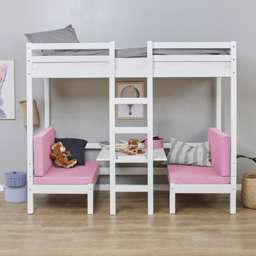 BasicJumbo høyseng med rosa sofa, skrivebord og inkl. lamellbunner.