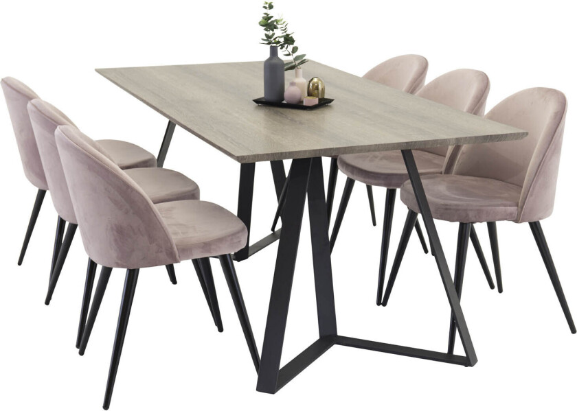 MarinaGRBL spisegruppe spisebord el tre dekor grå og 6 Velvet spisestuestoler velour rosa, svart.