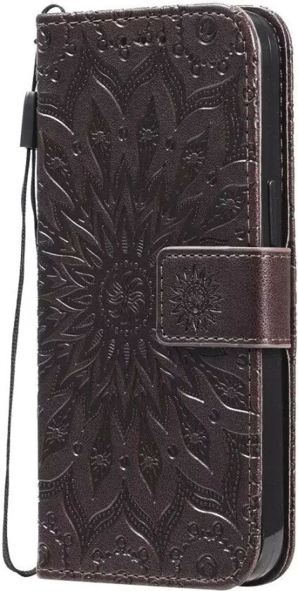 iPhone 15 Skinn Deksel med Lommebok og Stropp - Mandala Blomst - Mørkebrun