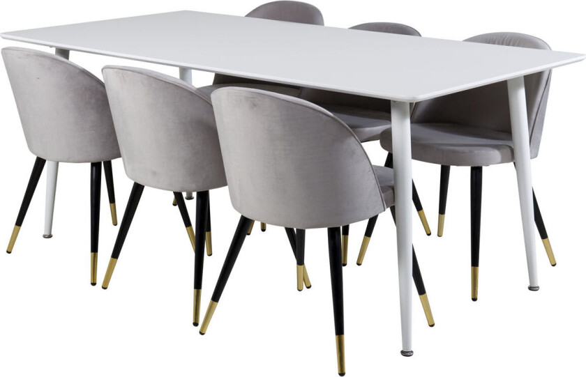 Polar180X90WHWH spisegruppe spisebord hvit og 6 Velvet spisestuestoler velour lysegrå.