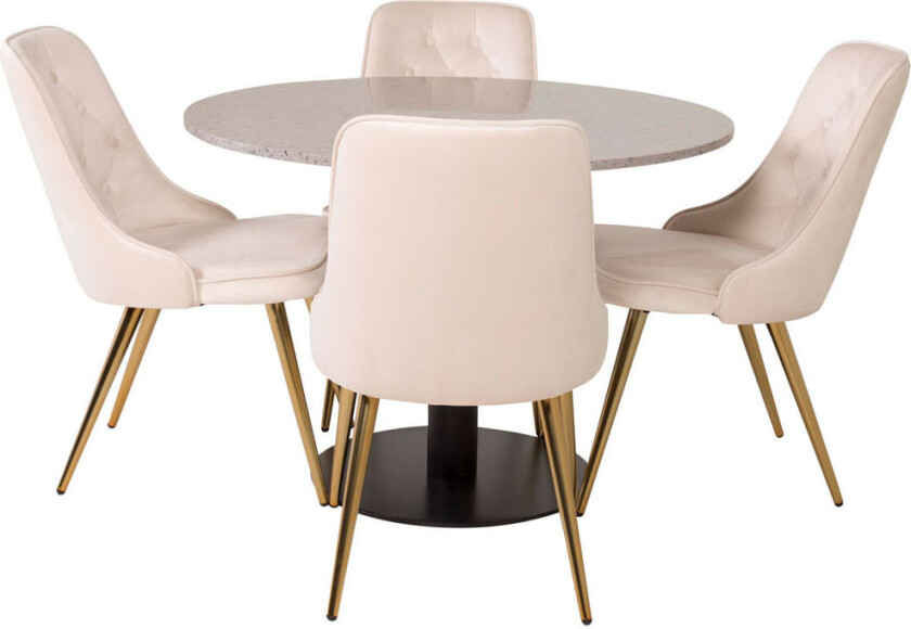 RazziaGR spisegruppe spisebord terazzo grå og 4 Velvet Deluxe spisestuestoler velour beige, messing dekor.