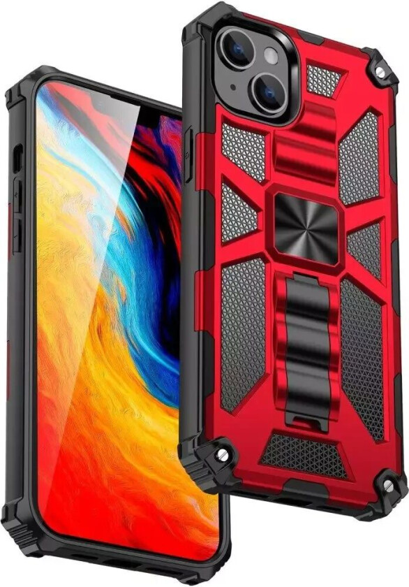 iPhone 14 Hybrid Håndverkerdeksel m. Stativ & Magnet - Rød