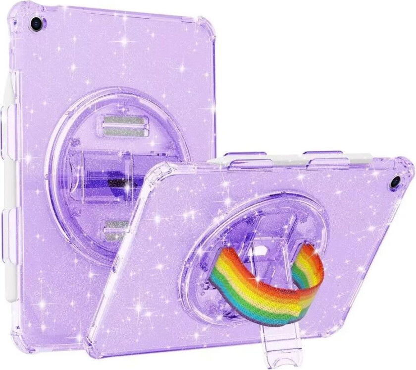 iPad 10.2" (2021 / 2020 / 2019) Hard Plast Deksel m. Håndholder, Kickstand & Skulderrem - Gjennomsiktig / Glitter Lilla