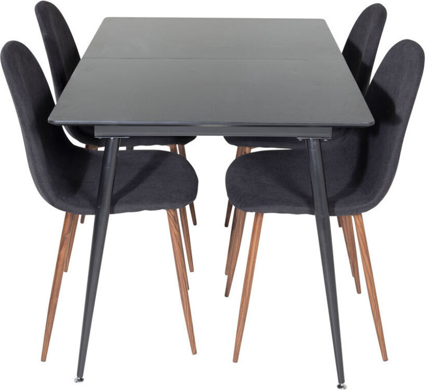 SilarBLExt spisegruppe spisebord uttrekksbord lengde cm 120 / 160 svart og 4 Polar spisestuestoler svart.