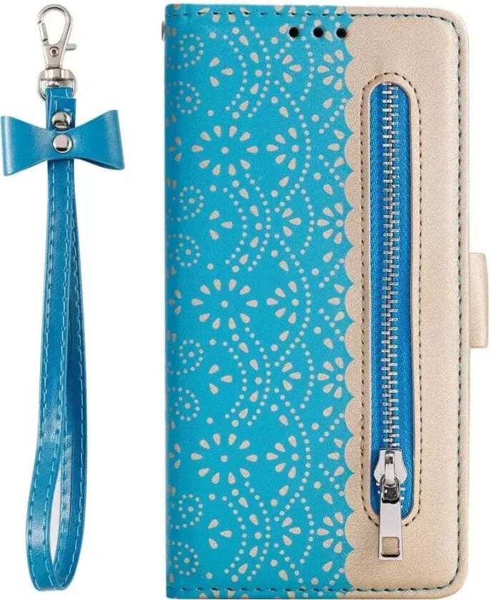 iPhone 13 Pro PU Skinn Flip Deksel med Lommebok - Blondtrykk - Blå & Gull