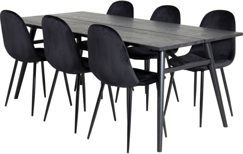 Sleek spisegruppe spisebord uttrekksbord lengde cm 195 / 280 svart og 6 Polar spisestuestoler velour svart.