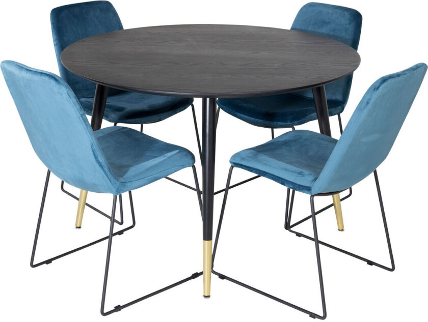 DippØ115BLBR spisegruppe spisebord svart og 4 Muce spisestuestoler velour blå.