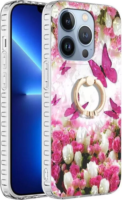 iPhone 14 Pro Max Fleksibelt Plast Deksel med Ring- og Stativfunksjon - Dansende Sommerfugler
