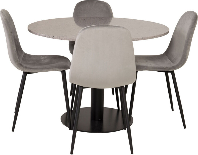 RazziaGR spisegruppe spisebord terazzo grå og 4 Polar spisestuestoler velour grå.