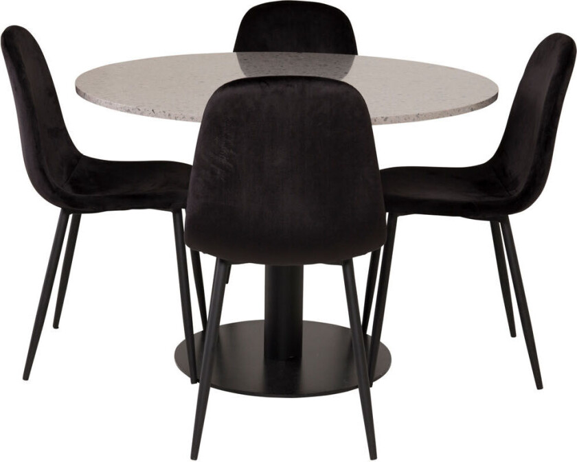 RazziaGR spisegruppe spisebord terazzo grå og 4 Polar spisestuestoler velour svart.