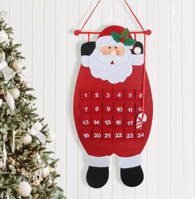 Julekalender til å henge opp, julekalender i filt med julenissen, nedtellingskalender med 24 lommer, gjenbrukbar stoff til å henge opp, dekorasjon 68 x 33,5 cm