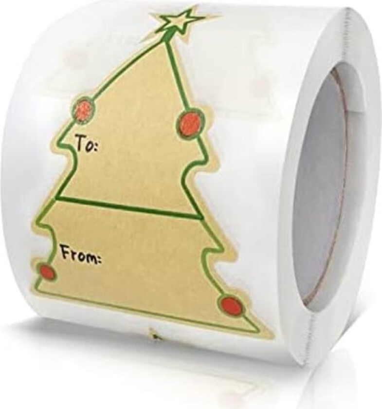 Juleklistremerker Gaveetiketter God Jul Søte Tre Etiketter Rull 2,6 x 2 Tommer Kraftpapir Selvklebende Navnelapper Skrivelige